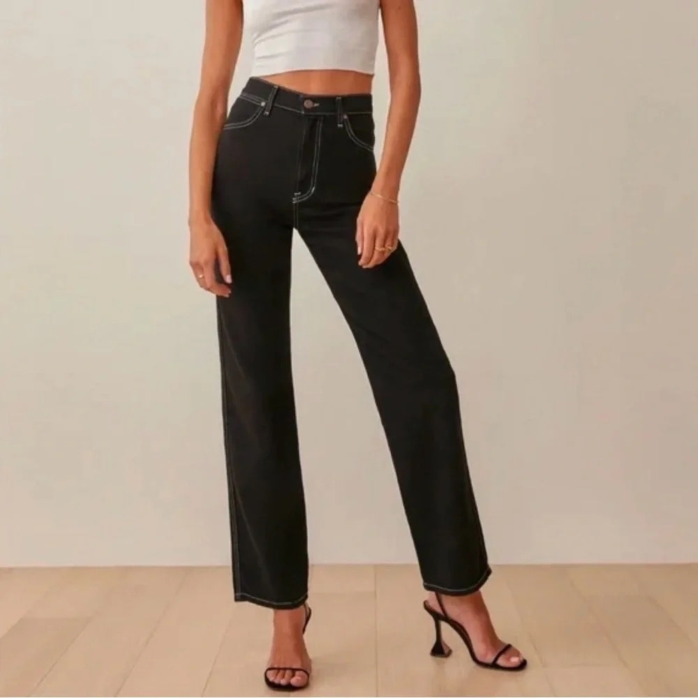 Reformation Cowboy Black Contrast Stitch High Rise Straight Jeans 23